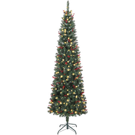 Sapin de Noël artificiel étroit 230 cm avec lumières LED 7 modes d’éclairage 761 branches pommes de pin, baies et support vert