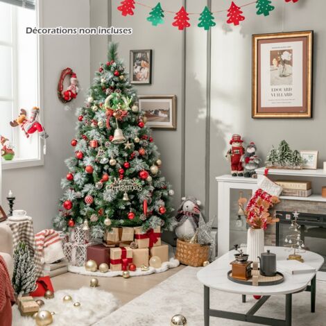 Sapin de Noël Artificiel Illuminé de 185 cm à Charnière avec 747 Branches 350 Lumières LED 55 Pommes de Pin et 55 Baies Rouges 11 Modes d'Éclairage