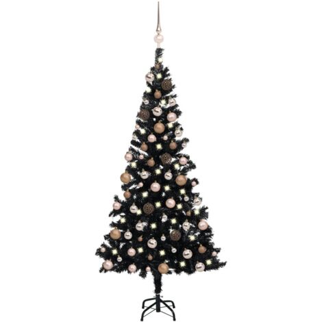 Sapin de Noël artificiel LED et boules/Arbre de Noël pour Déco Noir 180 cm PVC -WYW68176