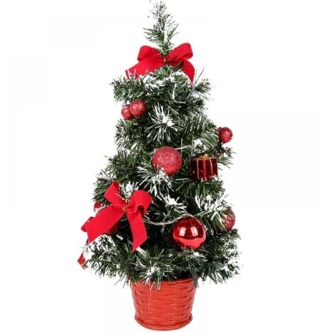Sapin de Noël artificiel lumineux 40 cm – Petit sapin de table LED avec neige blanche, nœud et pomme de pin – Décoration