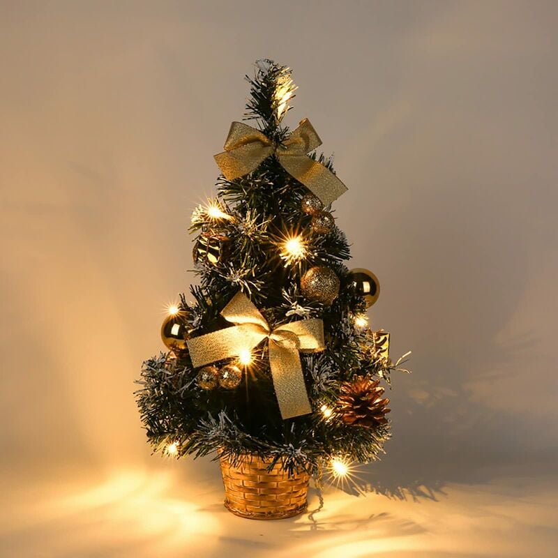 Sapin de Noël Artificiel Lumineux avec Neige Blanche, 40 cm Petit Sapin de Noël de Table led Guirlandes Lumineuses avec Nœud et Pomme de Pin pour