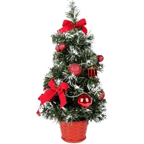 BEIJIYI Sapin de Noël Artificiel Lumineux avec Neige Blanche, 40 cm Petit Sapin de Noël de Table LED Guirlandes Lumineuses avec Nœud et Pomme de Pin pour Decorations Table Noël(rouge)