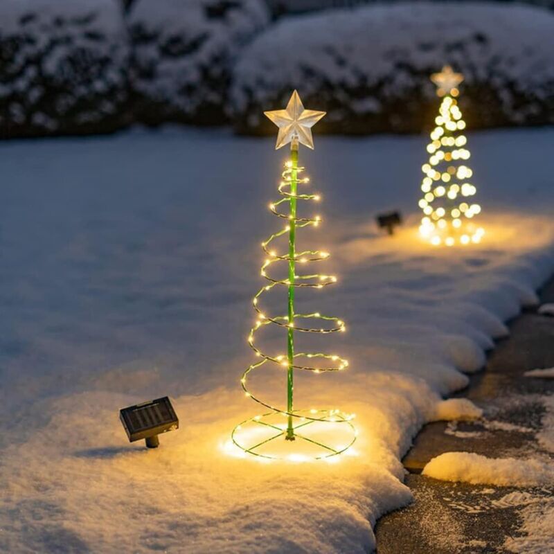 Sapin de Noel Artificiel Solaire, Decoration Exterieur, Lumiere Exterieur Jardin, Guirlande Lumineuse, Deco Noel Arbre Lumineux LED (Blanc Chaud)