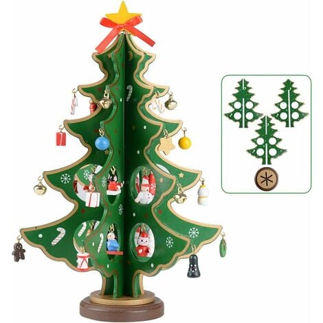 Sapin de Noël Bois Artificiel Vert Decoration de Table avec Mini Ornements de Noël pour Déco Noël Table Bureau Cadeau H: 28CM