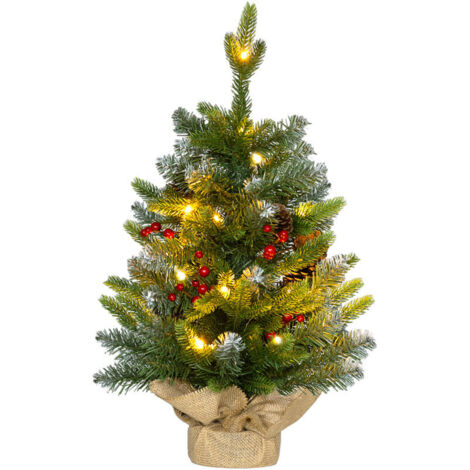 Sapin de Noël de table de 60 cm avec lumières LED, 141 pointes, pommes de pin et baies rouges, base en béton