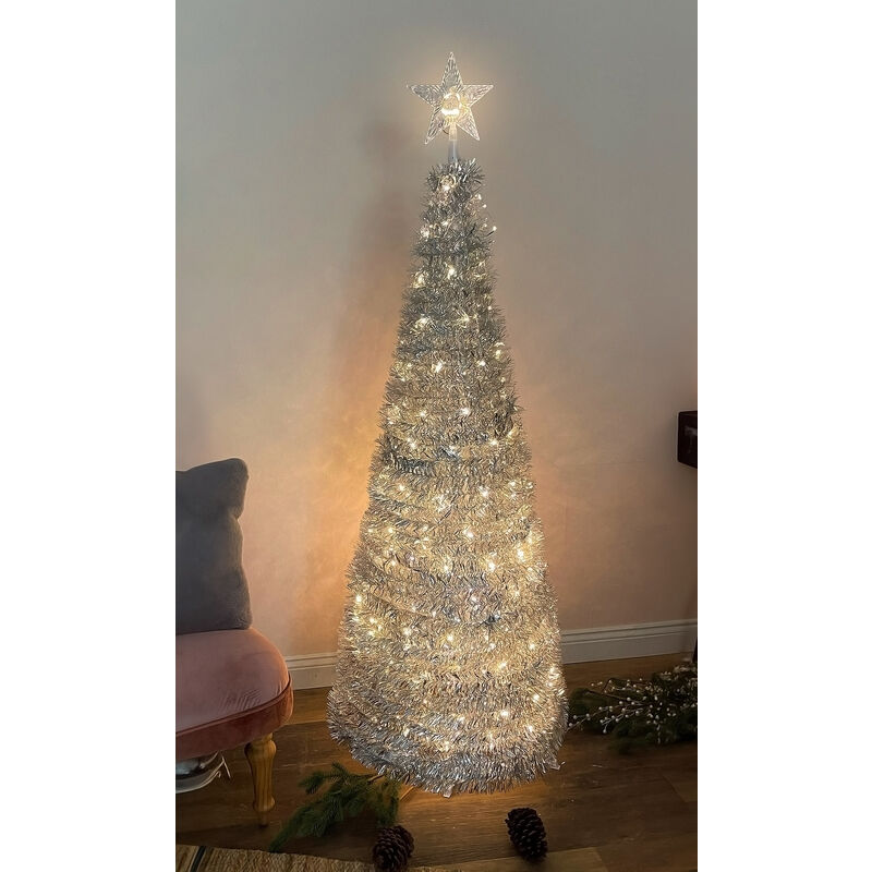 Sapin de Noël en spirale 150 cm avec 120 led et pointe étoile - argent - sapin de Noël artificiel blanc chaud éclairé pour l'extérieur et l'intérieur