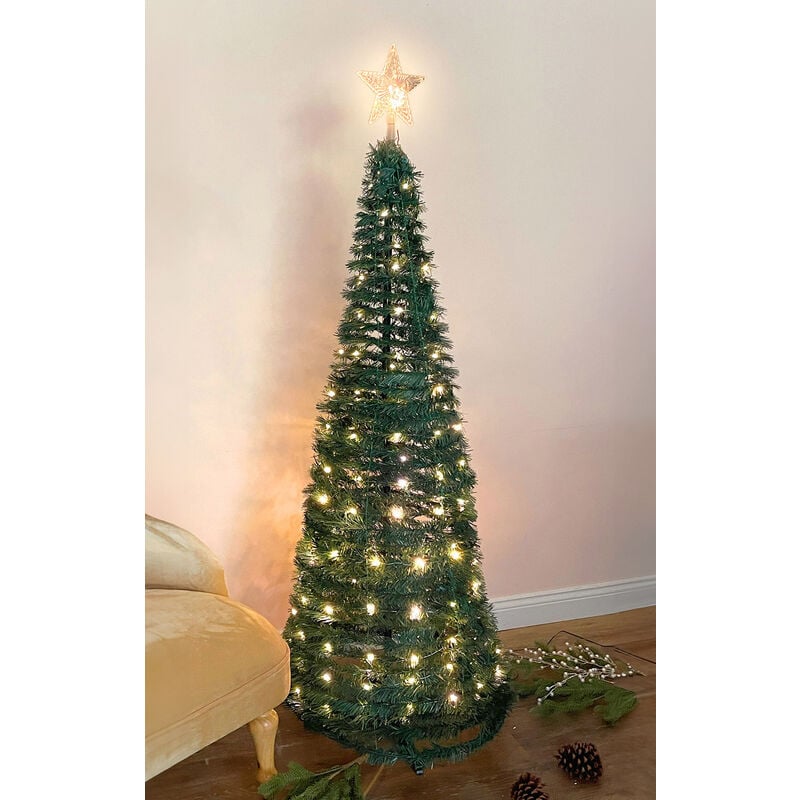 Sapin de Noël en spirale 150 cm avec 120 led et pointe étoile - vert - sapin de Noël artificiel blanc chaud éclairé pour l'extérieur et l'intérieur