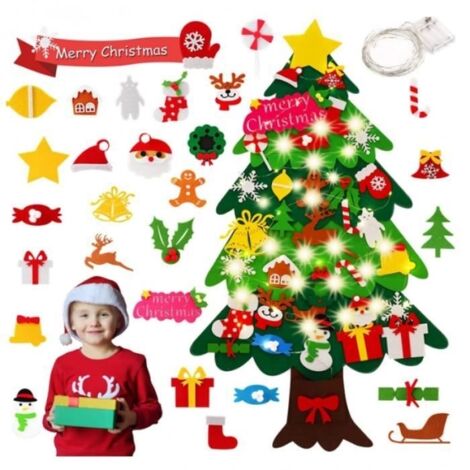 Sapin de Noël Feutrine 113cm avec LED lumières Sapin de Noël Décoration Vitrine 35 PCS DIY Détachables Noël Ornements Cadeaux