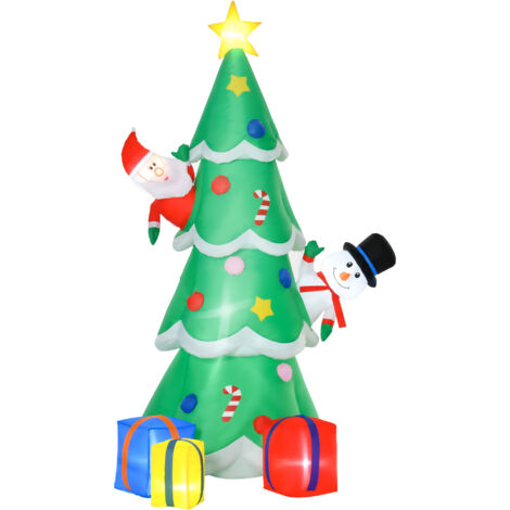Sapin de Noël gonflable HOMCOM avec Père Noël, bonhomme de neige et boîte cadeau, 210 cm, guirlande lumineuse LED, autogonflant, polyester, vert, 144 x 125 x 210 cm
