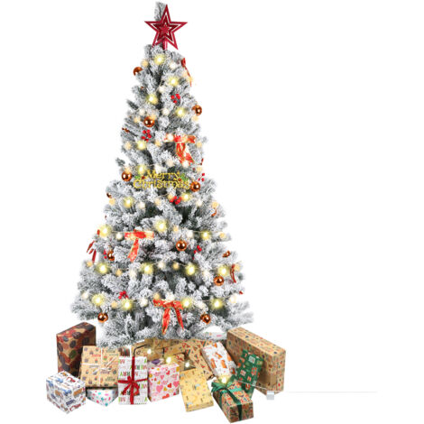 Sapin de Noël LED 180cm Flocage Neige  Décorations Incluses: Boules Lumineuses, Noeuds Papillons & Baies Rouges  600 Branches  Sapin Éblouissant Prêt à Briller