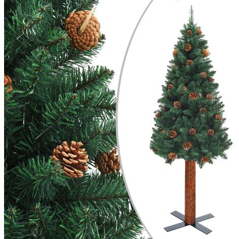 Sapin de Noël mince avec bois véritable et cnes Vert 180cm PVC - Vert