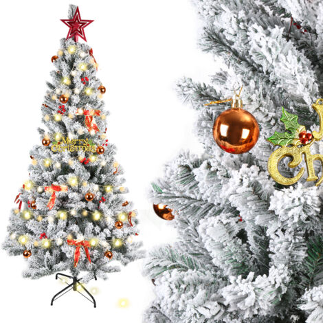 Sapin de Noël Neige 210cm avec 950 Branches - Déjà Décoré de Boules et Ornements Dorés Flocage Blanc Naturel pour un Intérieur Festif Élégant Installation Express