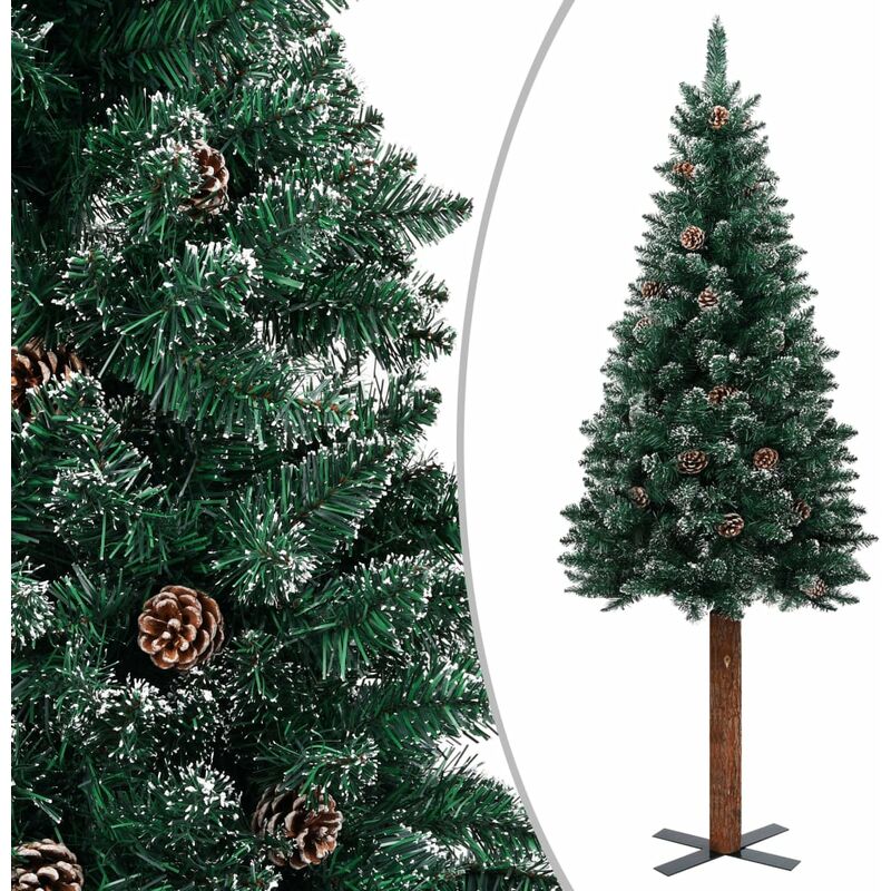 Sapin de Noël artificiel | Arbre de Noël mince bois véritable et neige blanche Vert 210cm 18974
