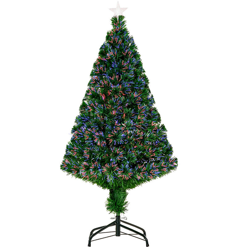 Homcom - Sapin de Noël artificiel lumineux fibre optique multicolore + support pied ø 60 x 120H cm 130 branches étoile sommet brillante vert