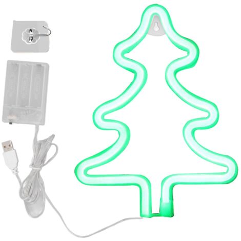 [Sapin Lumineux LED] Neon Lumière pour Noël - Signe en Acrylic Silicone, 25cm x 20.5cm, Éco-Énergie USB/Batteries, Vert, avec Crochet pour Décor Bureau Mur.