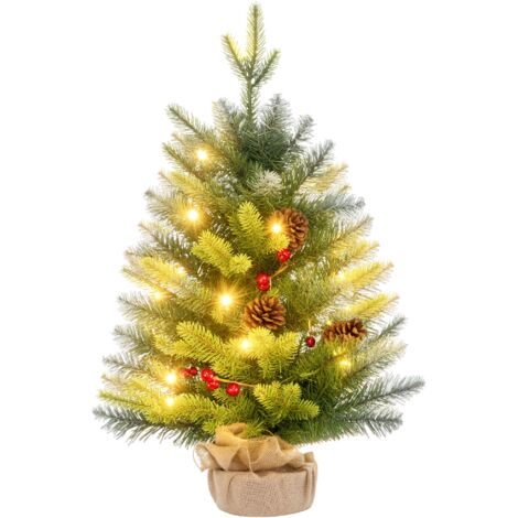 Sapin Noël 60 cm, 20 LEDs, 141 branches, 5 pommes pin, 5 bouquets baies rouges, support métal, vert