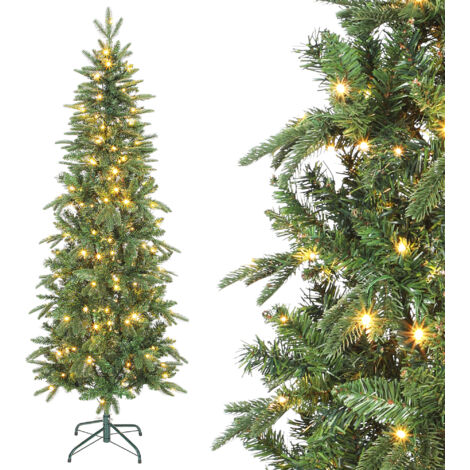 Sapin Noël artificiel 180 cm arbre slim 200 lumières 8 modes éclairage 605 branches articulées vert