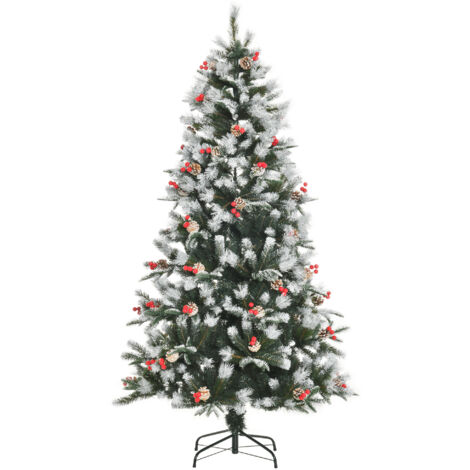 Sapin Noël enneigé 180 cm baies rouges pommes pin blanches base pliante amovible 678 branches vert