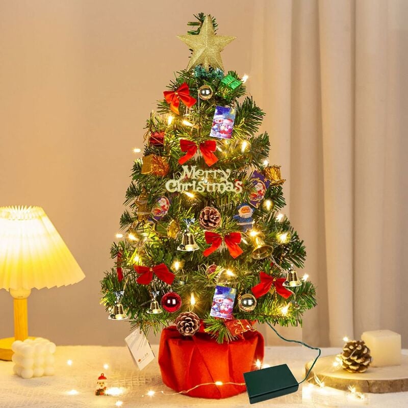 Sapins de Noël 60 cm, Sapins de Noel Artificiel, Mini Sapin de Noel avec guirlandes Lumineuses et Ornements,Décoration de Noël pour Table
