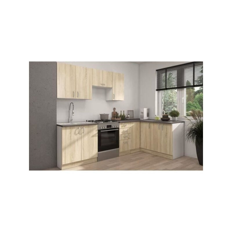 Sara Cuisine complete modulable - Angle réversible - 7 éléments - Décor chene sonoma - L270 x L148 cm - Plan de travail non