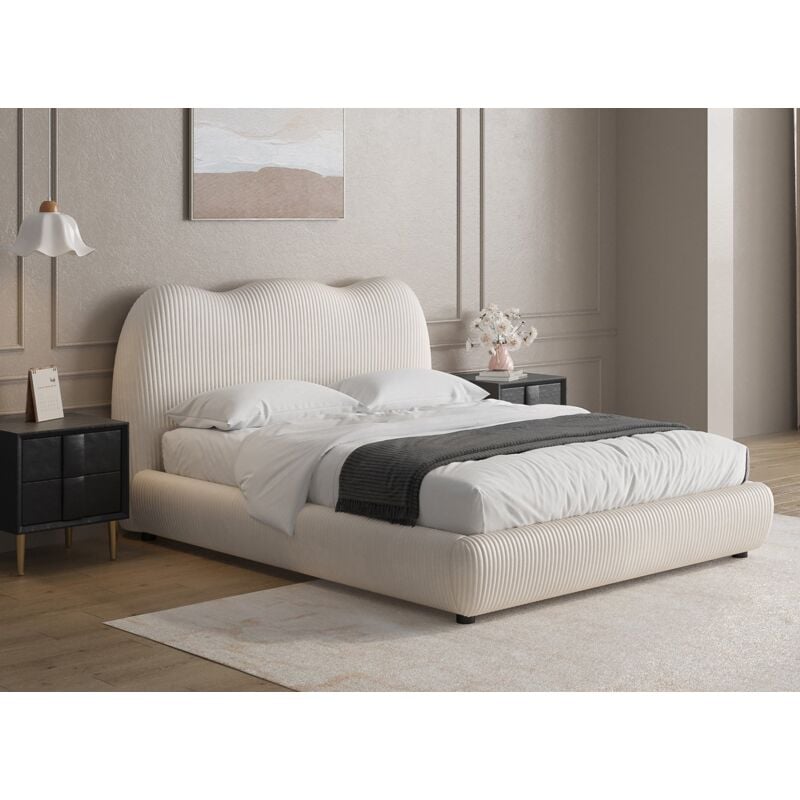 Deco In Paris - sara - Lit double en velours côtelé épais beige 140x190cm sara
