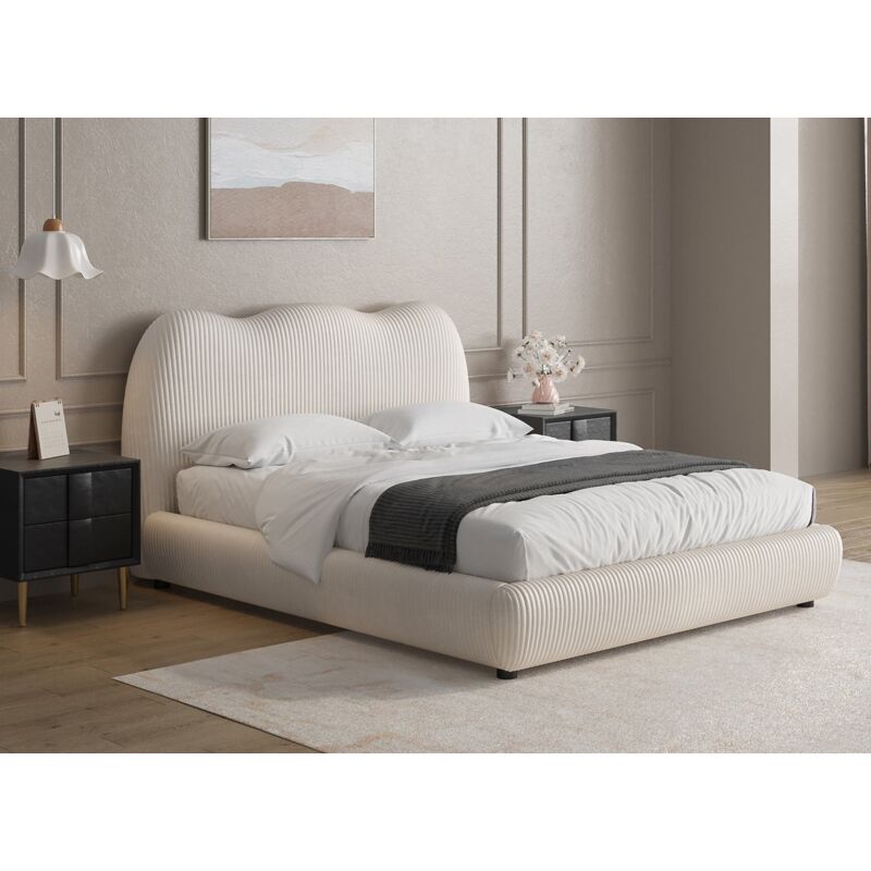 Deco In Paris - sara - Lit double en velours côtelé épais beige 160x200cm sara