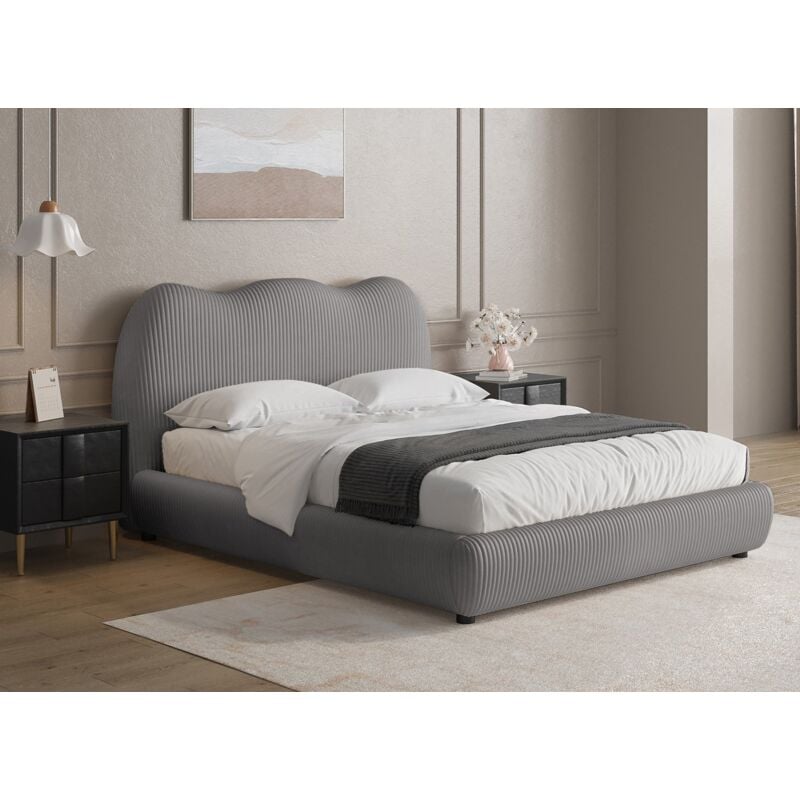 Deco In Paris - sara - Lit double en velours côtelé épais gris 160x200cm sara