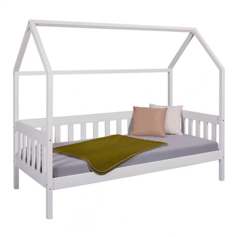 SARRY - Lit Cabane 90x200cm avec Barrières en Pin Massif Blanc