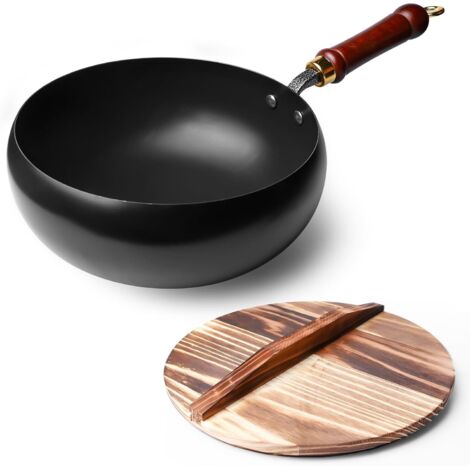 Sartén de hierro forjado a mano, 24 cm, sin revestimiento, que conserva el calor, con mango y tapa de madera, revestimiento antiadherente, apta para cocinas de gas e inducción, versátil para cocinar y