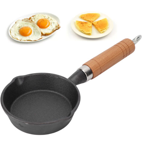 Sartén de hierro fundido de 10 cm con mango de madera – mini sartén para tortitas con fondo plano – para huevos y paninis