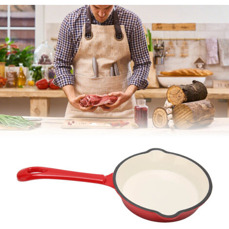 Sartén honda de hierro fundido esmaltado, doble revestimiento antiadherente, mango largo y resistente, 6,3 x 7,09 cm, para uso en cocina o restaurante.