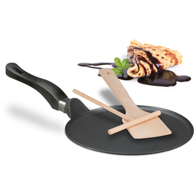 Relaxdays Sartén para Crepes con Esparcidor de Masa y Espátula de Madera, Apta para Inducción, Aluminio, Ø 25 cm, Negro