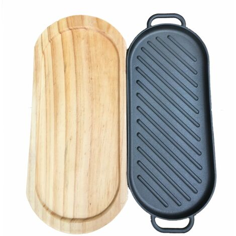 Sartén para parrilla de placa plana de hierro fundido MINKUROW con bandeja de madera, sartén antiadherente, placa Teppanyaki para cocina casera