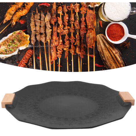 Sartén parrilla antiadherente geométrica negra portátil (35 cm) con mangos de madera y paño de cocina de acero inoxidable 304.