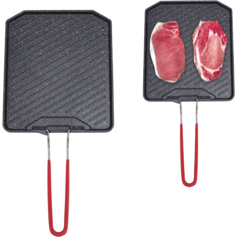 Sartén parrilla con mango plegable – Aleación de aluminio con revestimiento antiadherente – 19,5 x 22,5 cm, negra – ideal para acampar, asar a la parrilla y cocinar tanto en interiores como en exterio
