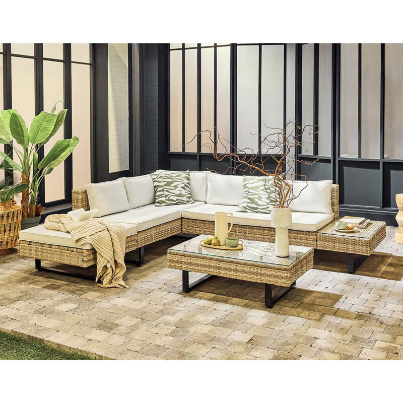 Sashi – salon de jardin d'angle en résine beige et grise – 5 places - coussins gris clair et table incluse