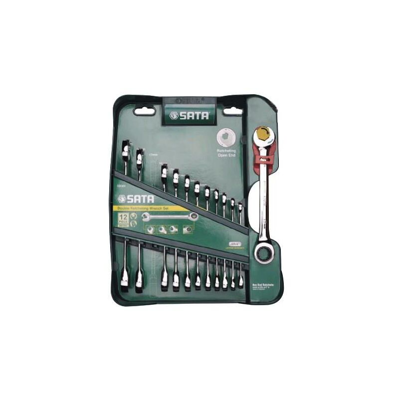 ST09066-02 Set de Clés à molette de Metric Double Ratchet de 12 Pieces, Polished, 8 mm a 19 mm, with Grid de Storage - Sata