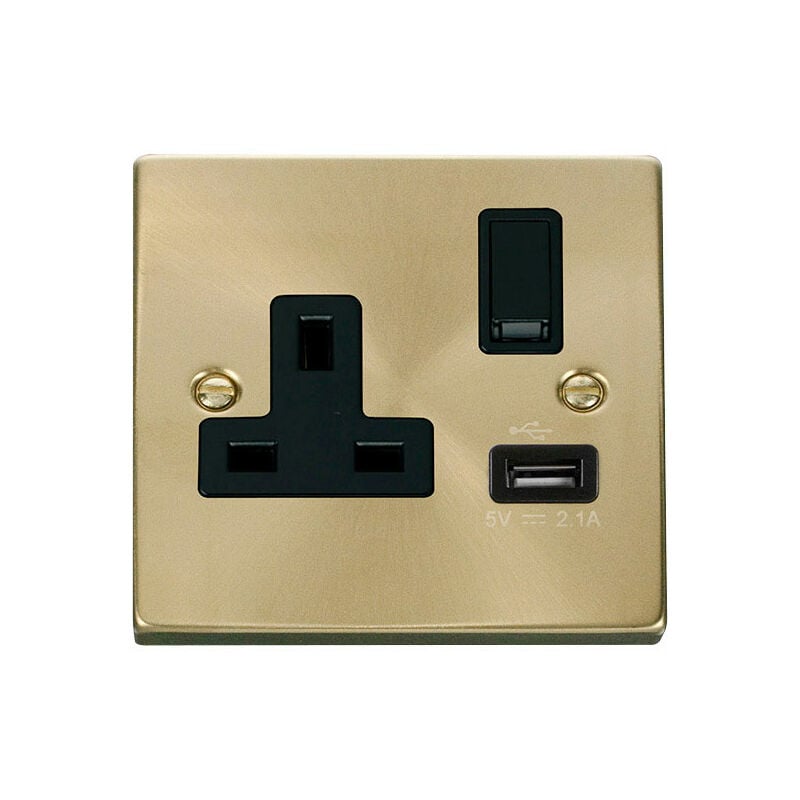 Se Home - Satin / Brushed Brass 1 Gang 13A dp 1 usb Switched Plug Socket - Black Trim