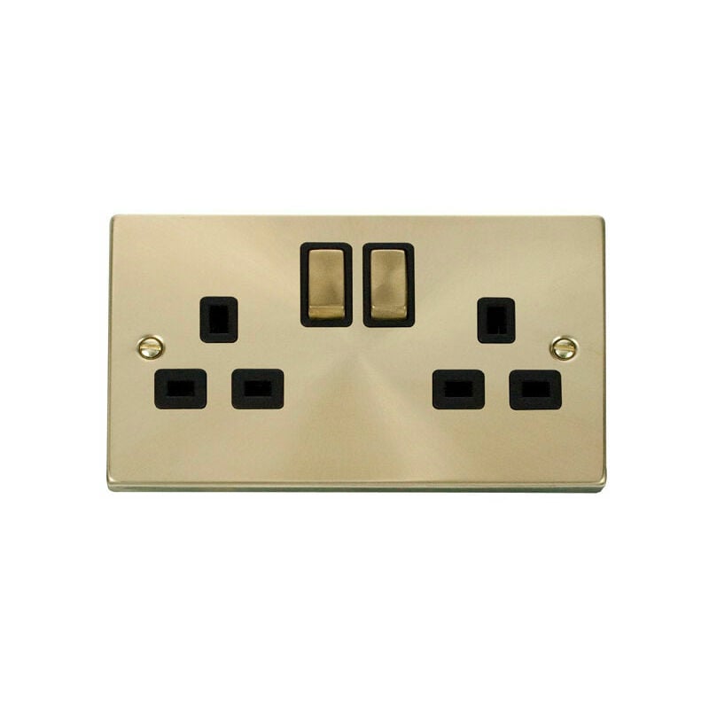 Se Home - Satin / Brushed Brass 2 Gang 13A dp Ingot Twin Double Switched Plug Socket - Black Trim