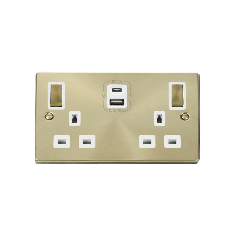 Se Home - Satin / Brushed Brass 2 Gang 13A dp Ingot Type a & c usb Twin Double Switched Plug Socket - White Trim