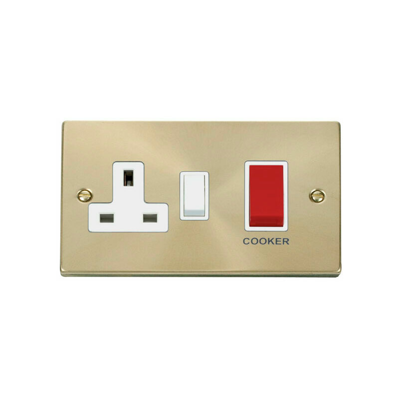 Se Home - Satin / Brushed Brass Cooker Control 45A With 13A Switched Plug Socket - White Trim