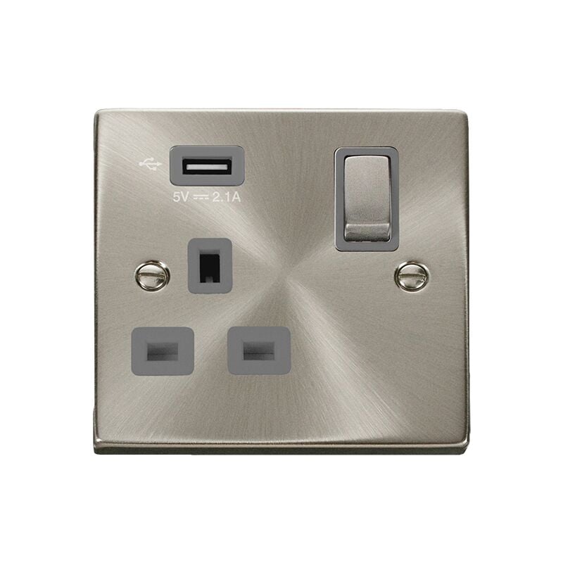 Se Home - Satin / Brushed Chrome 1 Gang 13A dp Ingot 1 usb Switched Plug Socket - Grey Trim