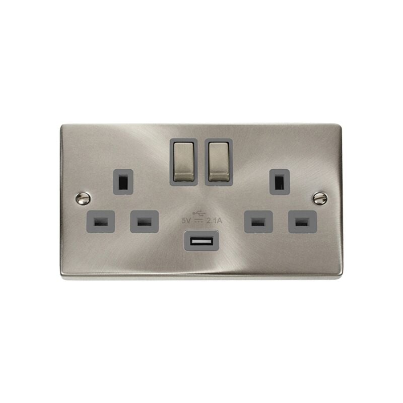 Se Home - Satin / Brushed Chrome 2 Gang 13A dp Ingot 1 usb Twin Double Switched Plug Socket - Grey Trim