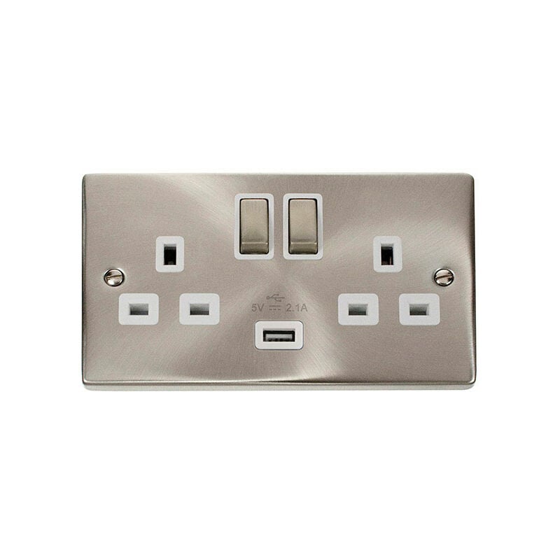 Se Home - Satin / Brushed Chrome 2 Gang 13A dp Ingot 1 usb Twin Double Switched Plug Socket - White Trim