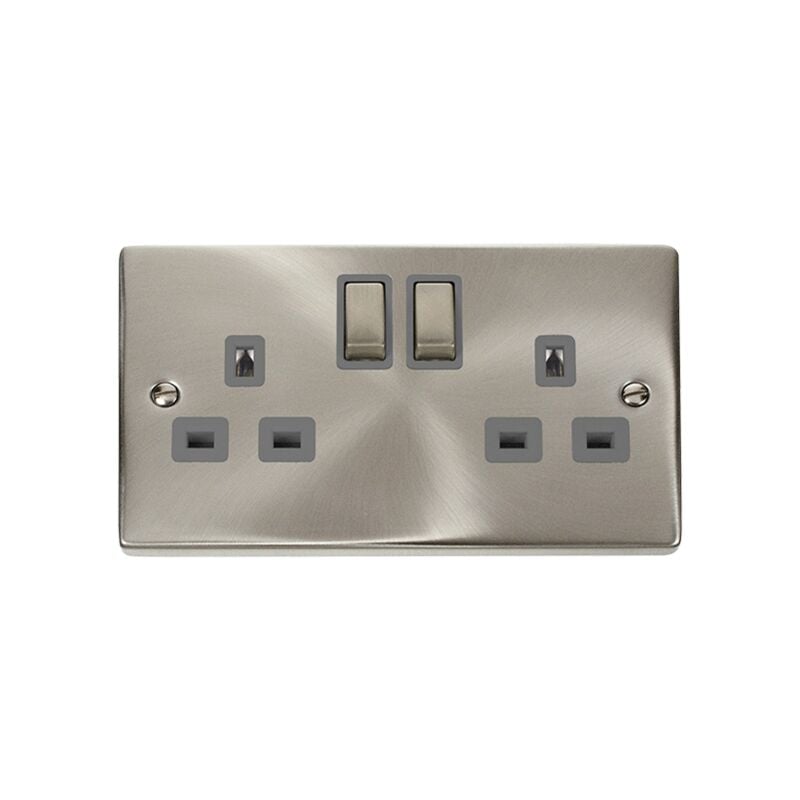 Se Home - Satin / Brushed Chrome 2 Gang 13A dp Ingot Twin Double Switched Plug Socket - Grey Trim