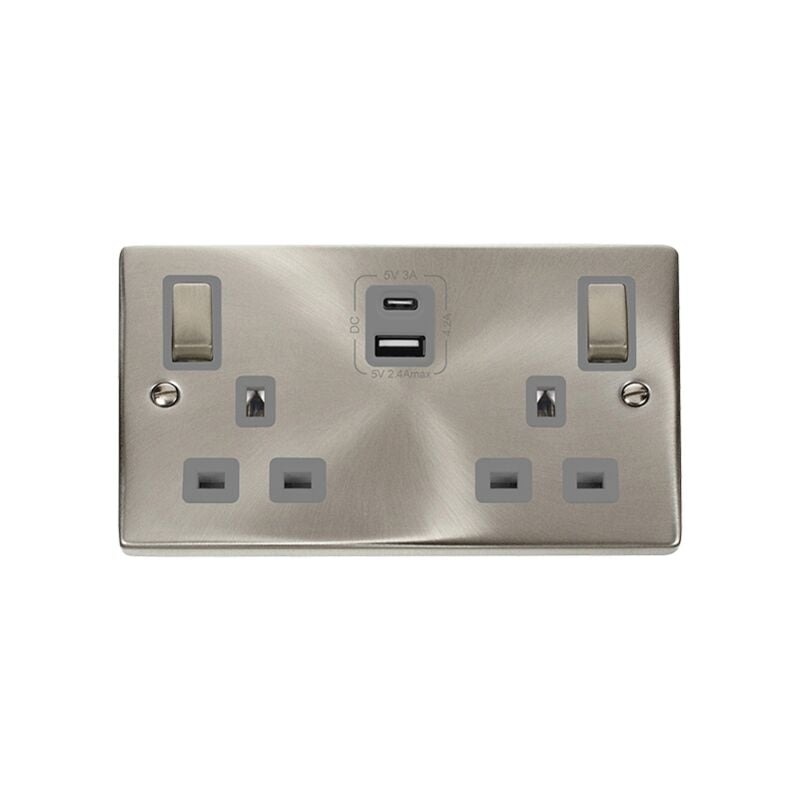 Se Home - Satin / Brushed Chrome 2 Gang 13A dp Ingot Type a & c usb Twin Double Switched Plug Socket - Grey Trim