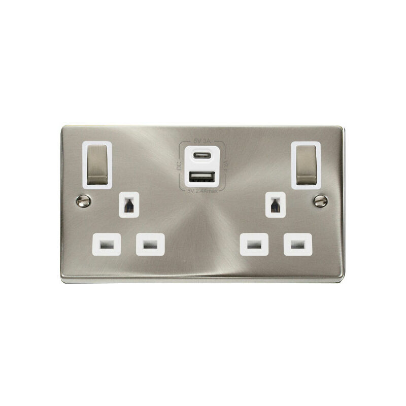 Se Home - Satin / Brushed Chrome 2 Gang 13A dp Ingot Type a & c usb Twin Double Switched Plug Socket - White Trim