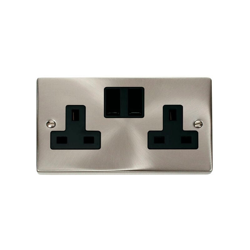 Se Home - Satin / Brushed Chrome 2 Gang 13A Twin Double Switched Plug Socket - Black Trim