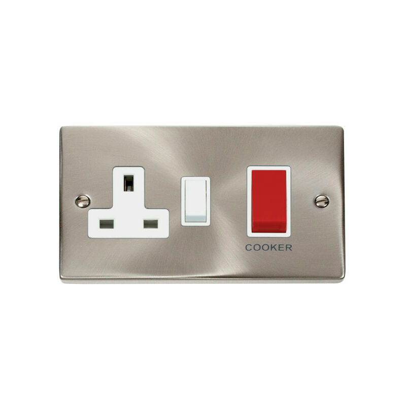 Se Home - Satin / Brushed Chrome Cooker Control 45A With 13A Switched Plug Socket - White Trim