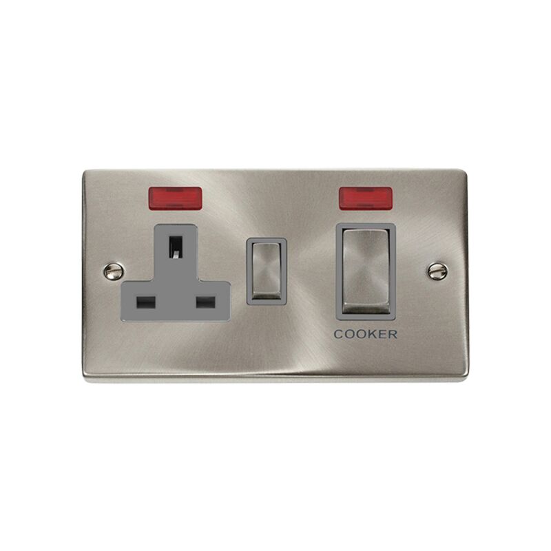 Se Home - Satin / Brushed Chrome Cooker Control Ingot 45A With 13A Switched Plug Socket & 2 Neons - Grey Trim